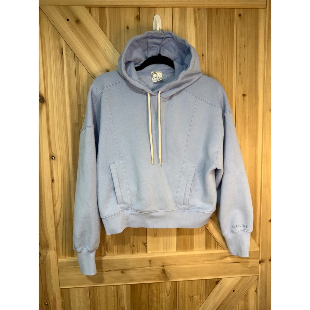OFFLINE by Aerie Women Blue Cropped Hoodie Sweatshirt Thumbholes Size S